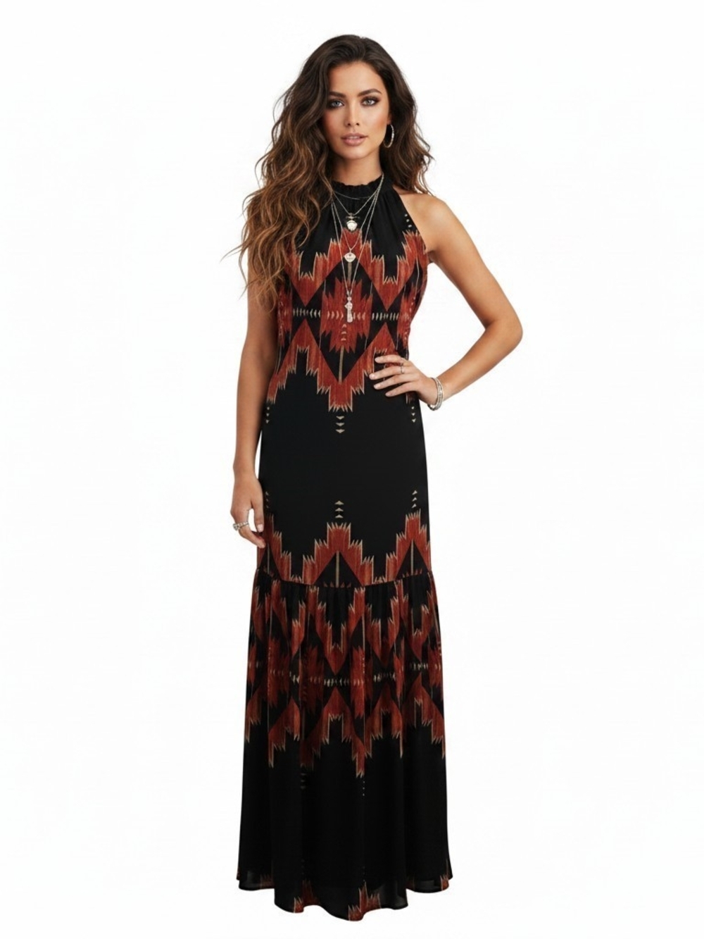 Lauren Ralph Lauren Southwestern Print Halter Neck Georgette Maxi Dress Sz Large